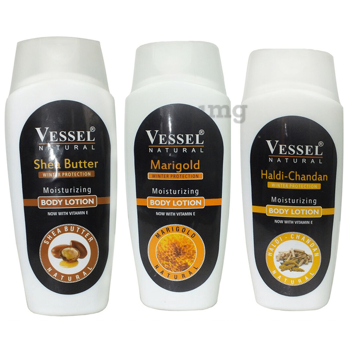 Vessel Combo Pack of Natural Winter Protection Moisturizing Body Lotion with Shea Butter, Marigold and Haldi Chandan (200ml Each)