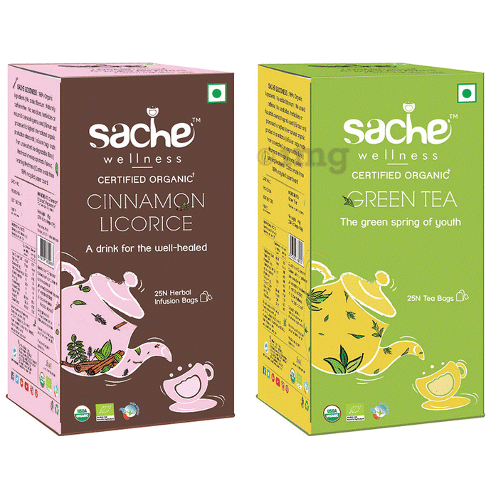 Sache Wellness Combo Pack of Organic Cinnamon Licorice 25 Herbal Infusion Bags & Green Tea 25 Tea Bags