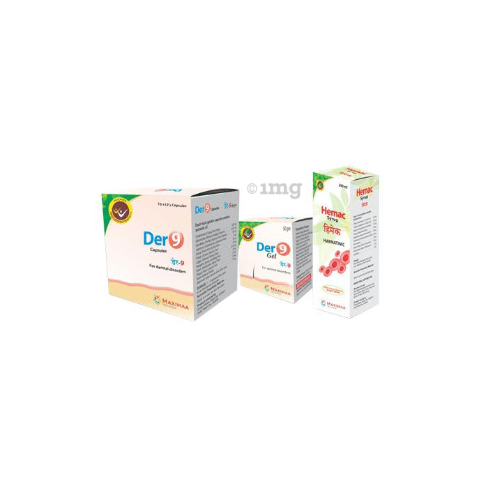 Proyurveda Skin Care Combo Pack OF Der 9, 100Caps & Hemac Syrup, 200ml & Der 9 Gel, 50gm