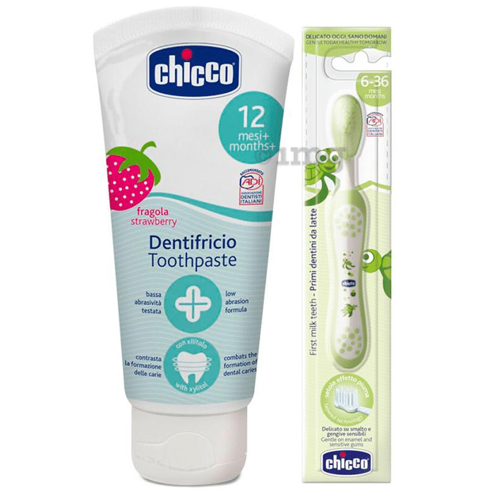 Chicco Dentifricio Toothpaste 12M+ (2 Pack) with Green Toothbrush Fragola Strawberry