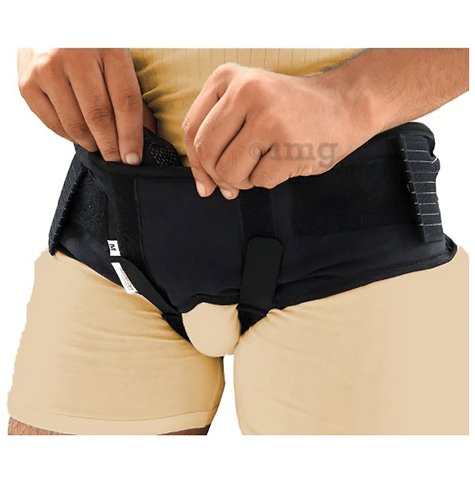 Wonder Care A107 Inguinal Hernia Support with Two Removable Compression Pads Medium Black