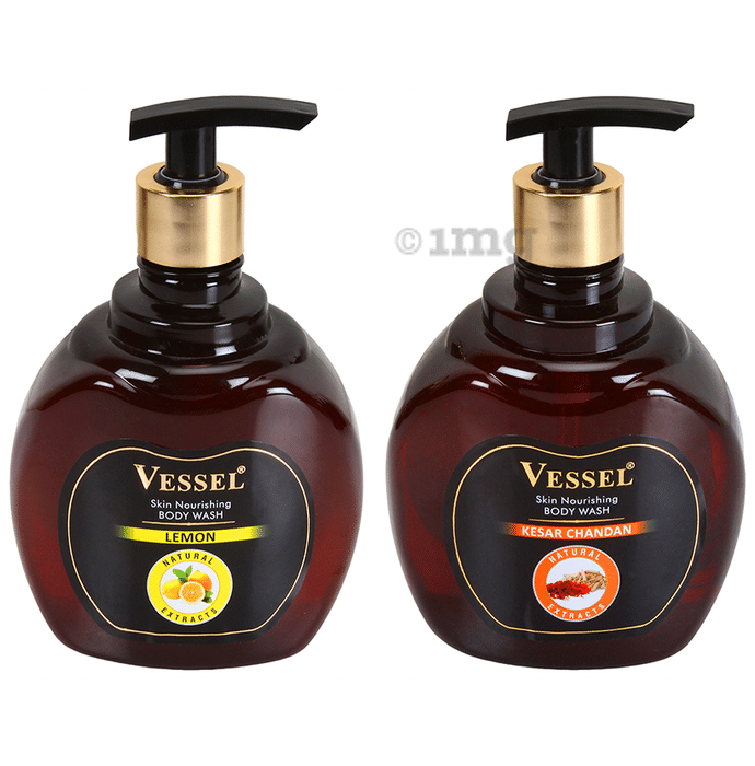 Vessel Combo Pack of Natural Extracts Skin Nourishing Body Wash Gel with Kesar Chandan and Lemon (500ml Each)