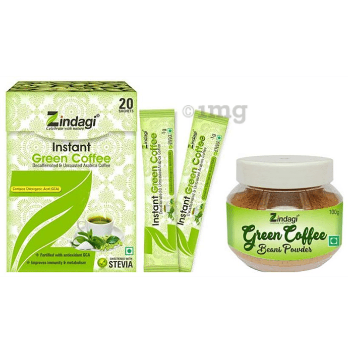 Zindagi Combo Pack of Green Coffee Beans (400gm) & Instant Green Coffee Powder (20 Sachets)
