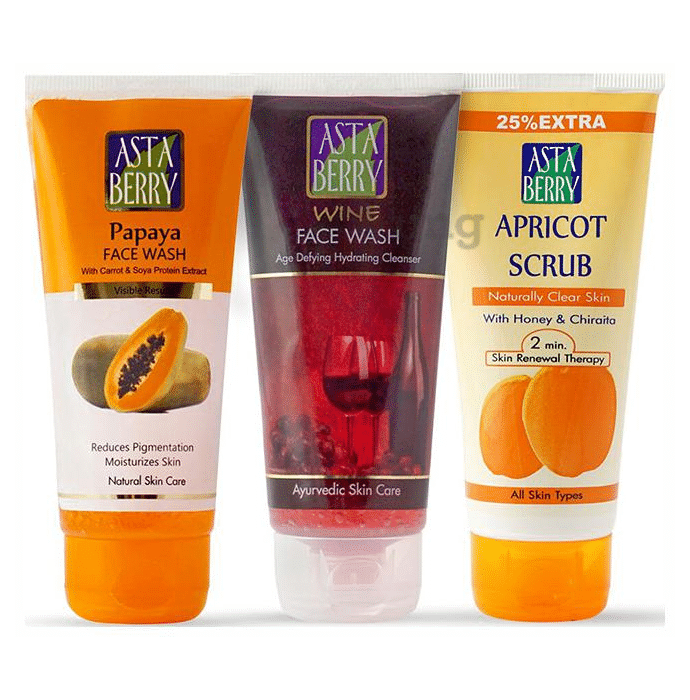 Astaberry Combo Pack of Papaya, Wine Face Wash & Apricot Scrub (100ml Each)