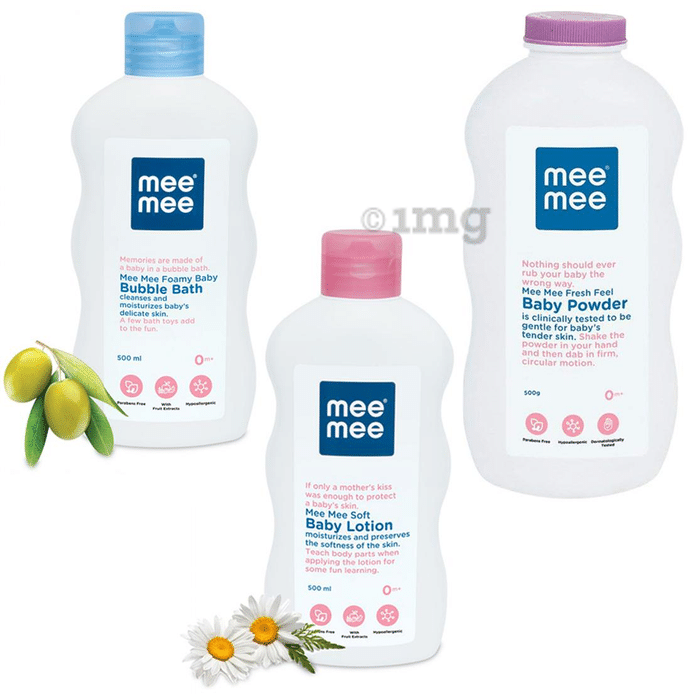 Mee Mee Combo Pack of Baby Bubble Bath 500ml, Baby Lotion 500ml and Baby Powder 500gm with Fruit Extracts