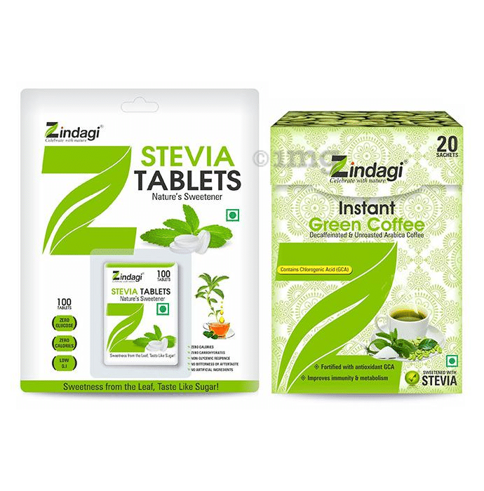 Zindagi Combo Pack of Stevia Tablets (100 Each) and Instant Green Coffee Sachets (20 Each)