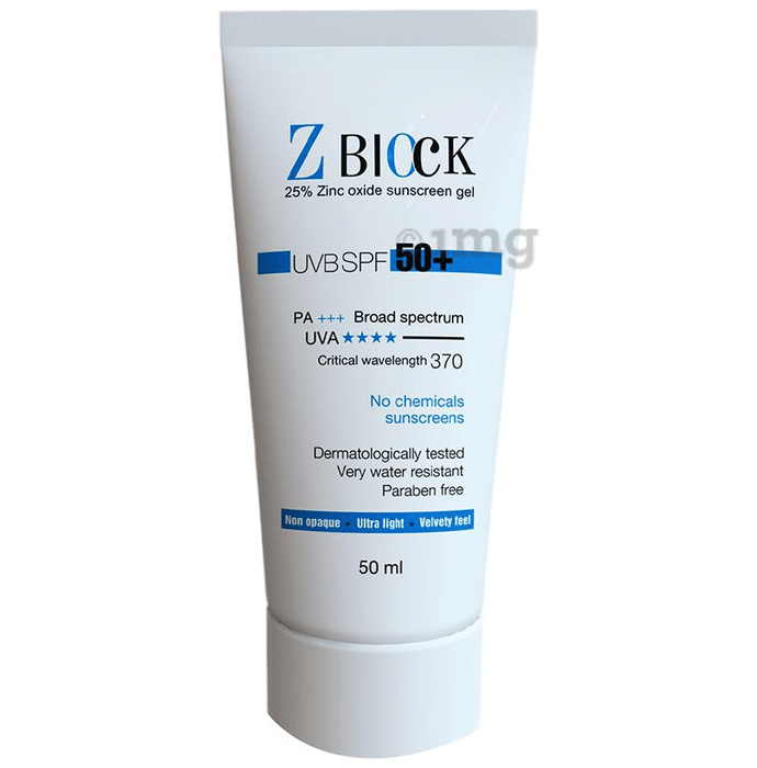 Z Block 25% Zinc Oxide Sunscreen Gel UVB SPF 50+: Buy tube of 50 gm Gel at  best price in India | 1mg