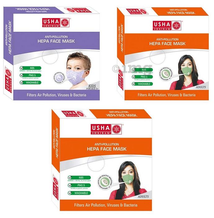 Usha Shriram Combo of N95 Anti Pollution HEPA Face Mask for Adults and Kids (2+1)