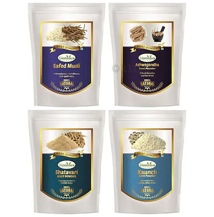 Bioneeva Herbs Combo Pack of Safed Musli Root, Ashwagandha Root, Shatavari Root & Kaunch Seed Powder (100gm Each)