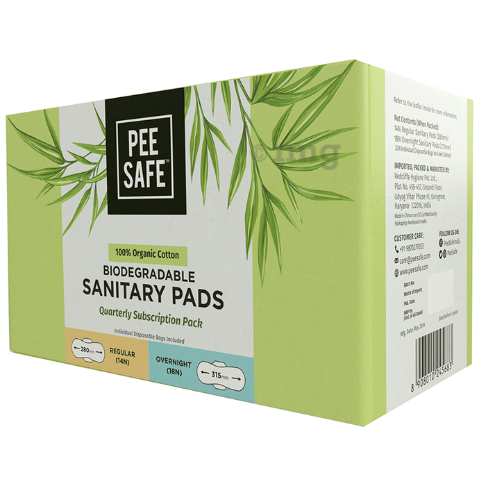 Pee Safe 100% Organic Cotton - Biodegradable Sanitary Pads | Quarterly Subscription Pack Regular 14N & Overnight 18N