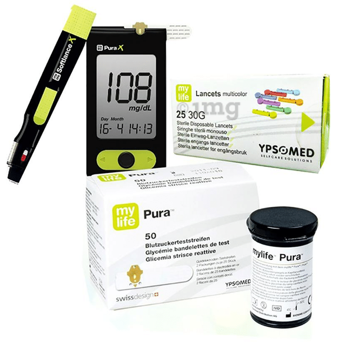 MyLife Combo of Pura X Glucometer, 50 Test Strips and 25 Multicolor Lancets