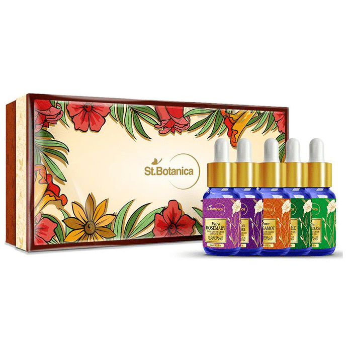 St.Botanica Essential Oils Kit (15ml Each) Pure Rosemary + Himalayan Lavender + Bergamot + Tea Tree + Lemongrass