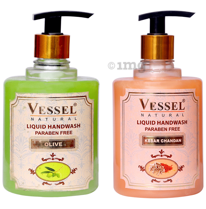 Vessel Combo Pack of Natural Paraben Free Premium Liquid Handwash Kesar Chandan and Olive (500ml Each)