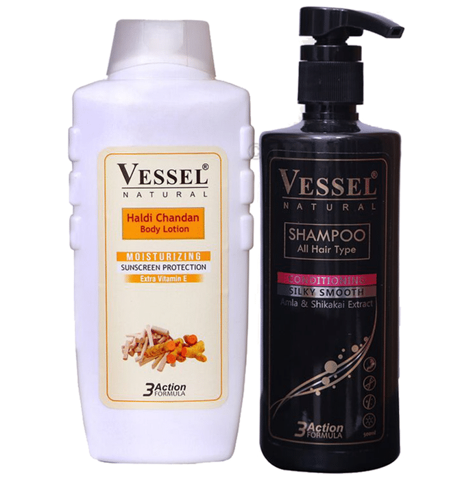 Vessel Combo Pack of Haldi Chandan Moisturizing Body Lotion 650ml and 3 Action Formula Shampoo with Conditioner 500ml