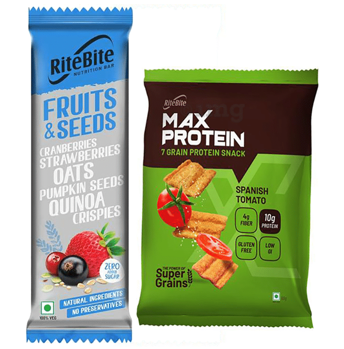 RiteBite Nutrition Fruit & Seeds Bar 35gm with Max Protein Spanish Tomato 60gm Chips Free