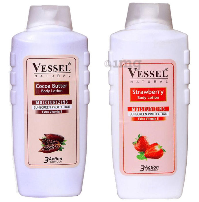 Vessel Combo Pack of Natural Moisturizing Body Lotion with Sunscreen Protection Strawberry and Cooca (650ml Each)