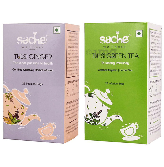 Sache Wellness Combo Pack of Organic Tulsi Ginger & Tulsi Green Tea (25 Infusion Bags in Each)