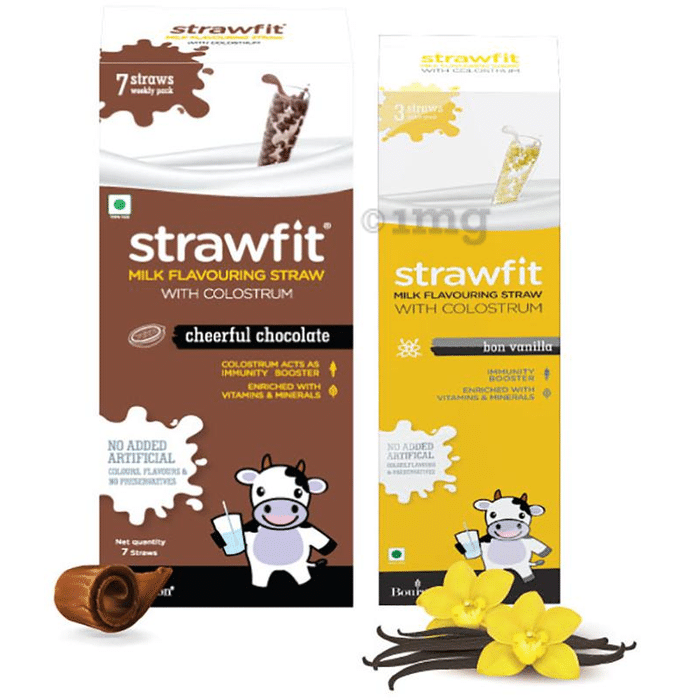 Strawfit Milk Flavouring Straw with Colostrum Cheerful Chocolate & Bon Vanilla Pack 7+3