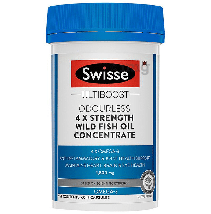 Swisse Ultiboost Odourless 4X Strength Wild Fish Oil | With 1800mg Omega 3 for Joints, Heart, Brain & Eyes | Capsule