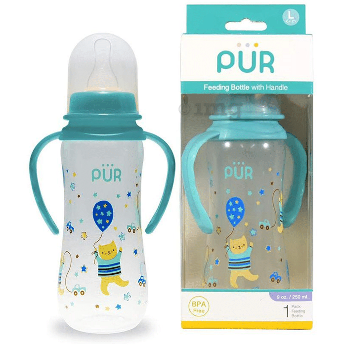 Pur Shaped Feeding Bottle with Handle Large Blue