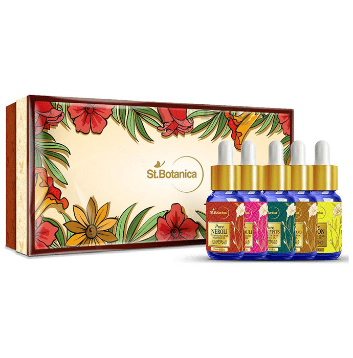 St.Botanica Essential Oils Kit (15ml Each) Pure Neroli + Patchouli + Eucalyptus + Ylang Ylang + Lemon