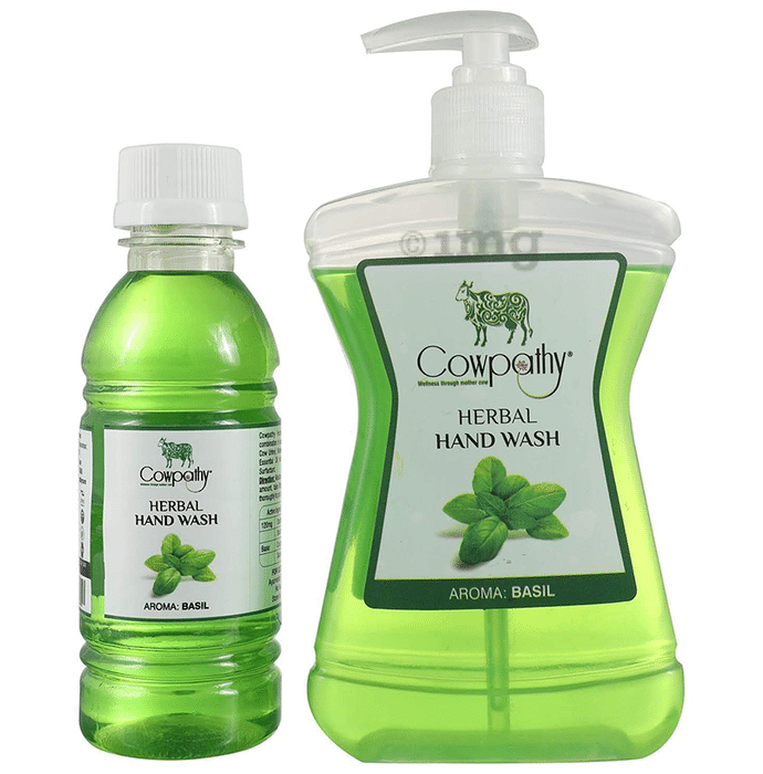 Cowpathy Combo Pack of Herbal Hand Wash Bottle 250ml with Refill 200ml Basil