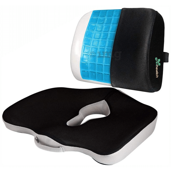 Grin Health Combo Pack of Memory Foam Seat Cushion and Gel Enhanced Lumbar Support Grey and Black