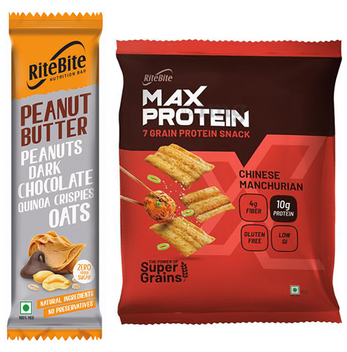 RiteBite Nutrition Peanut Butter Bar 40gm with Max Protein Chinese Manchurian 60gm Chips Free