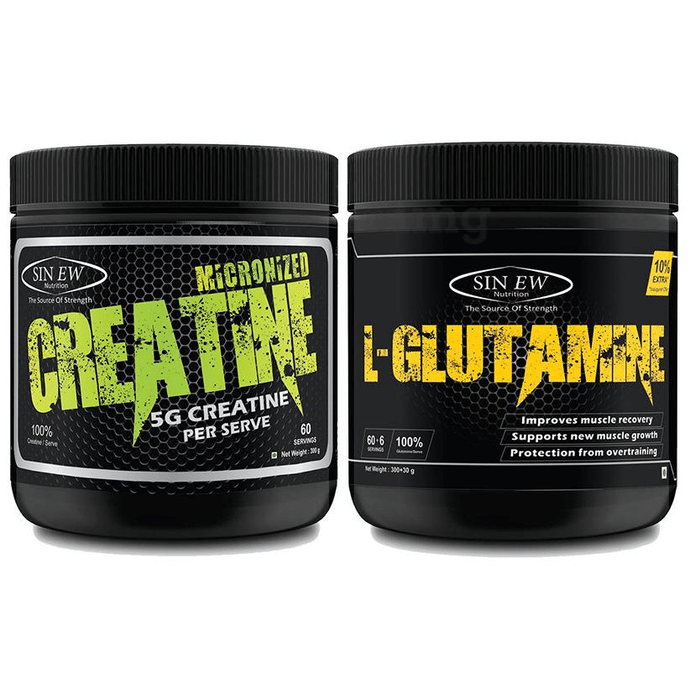 Sinew Nutrition Combo Pack of Micronised Creatine Monohydrate Powder 300gm and Pure L-Glutamine Powder 330gm Unflavoured