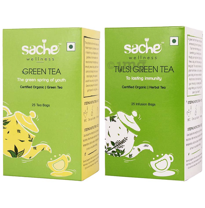 Sache Wellness Combo Pack of Organic Green Tea 25 Tea Bags & Tulsi Green Tea 25 Infusion Bags