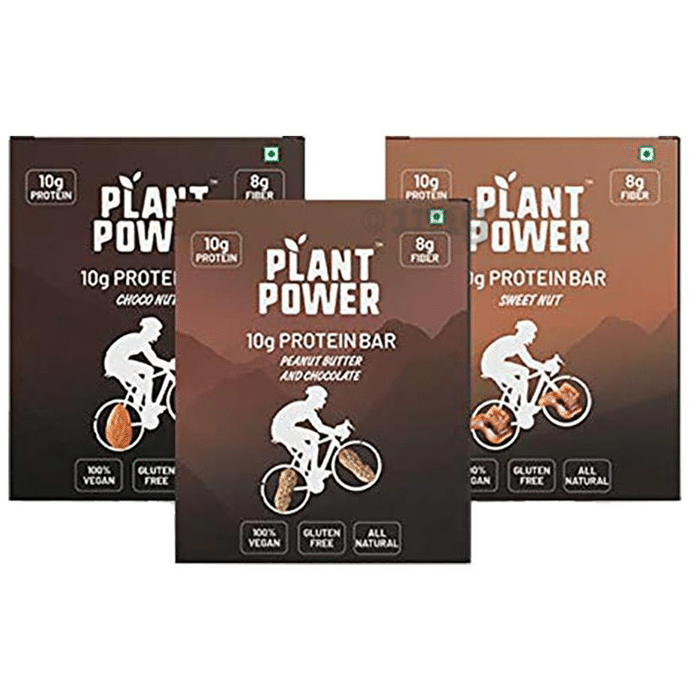 Plant Power 10gm Protein Bar (50gm Each) Variety Pack - Sweet Nut, Choco Nutty,Peanut Butter & Chocolate