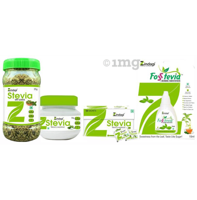 Zindagi Combo Pack of Stevia Liquid, Stevia Powder, Stevia Sachets & Stevia Leaves