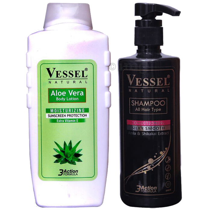 Vessel Combo Pack of Aloe Vera Body Lotion 650ml and 3 Action Formula Shampoo with Conditioner 500ml