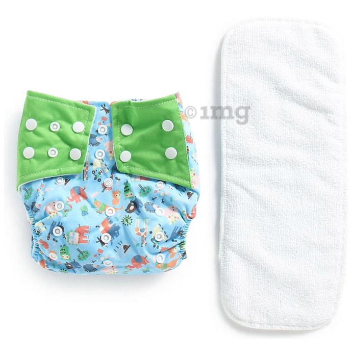 Polka Tots Blue Reusable & Washable White Cloth Diaper with 1 Diaper Liner and Size Adjustable Snap Buttons