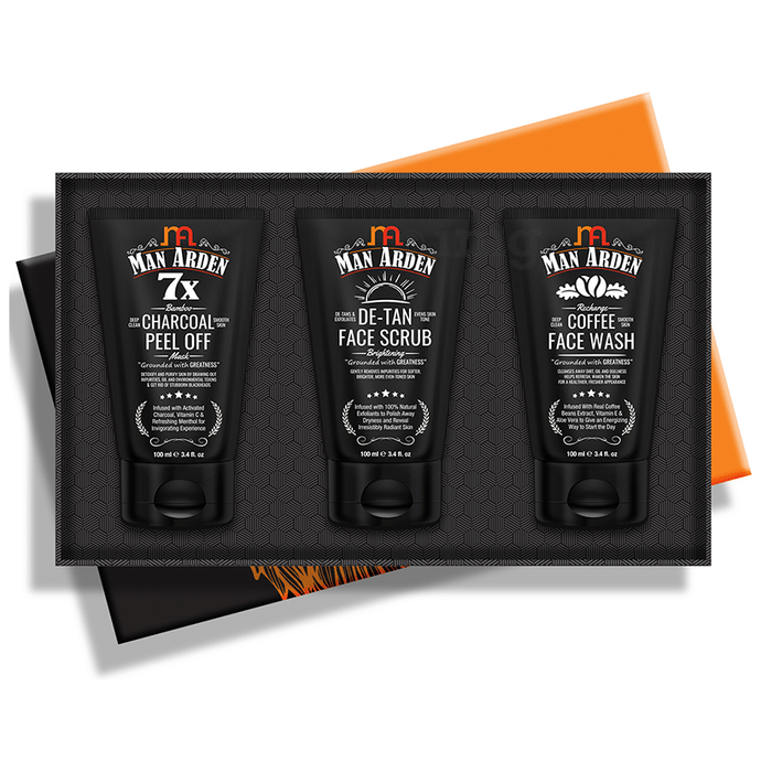 Man Arden Grooming Essentials Kit (Charcoal Peel Off Mask + De-Tan face Scrub + Coffee Face Wash, 100ml Each)