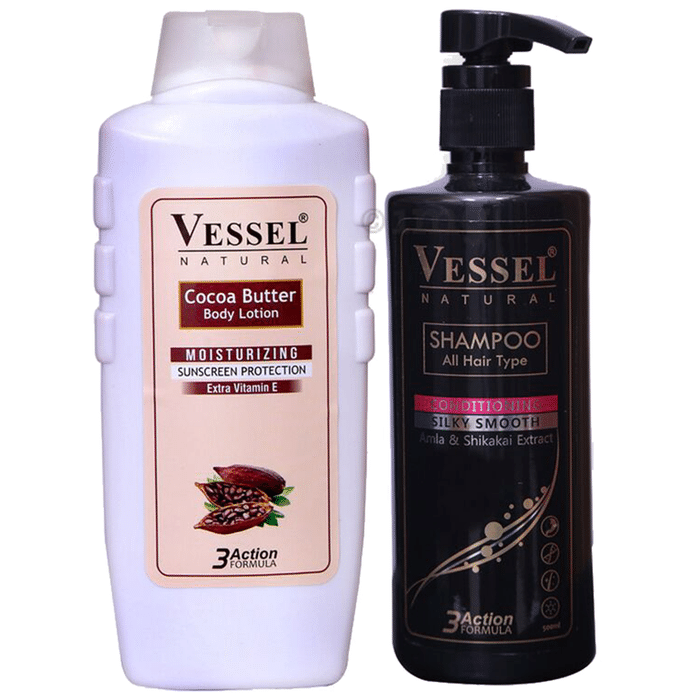 Vessel Combo Pack of Cocoa Butter Moisturizing Body Lotion 650ml and 3 Action Formula Shampoo with Conditioner 500ml