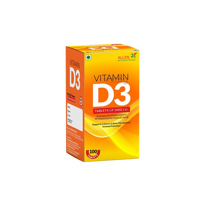 Allen Nutraceutical Vitamin D3 (Cholecalciferol) 1000 I.U for Bone Metabolism & Immunity | Tablet