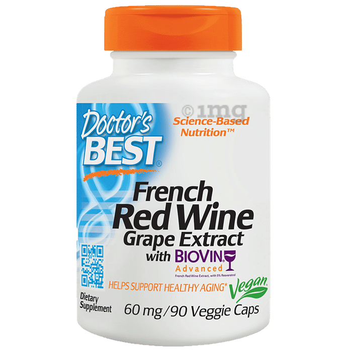Doctor's Best French Red Wine Grape Extract with Bovine 60mg Veggie Capsule |  For Healthy Ageing