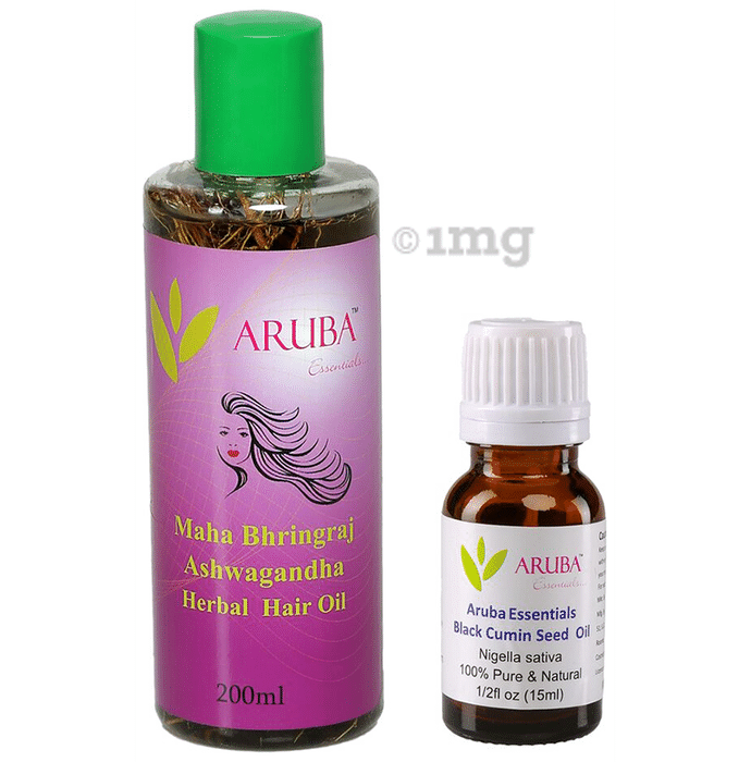 Aruba Essentials Combo Pack of Maha Bhringraj Ashwagandha Herbal Hair Oil & Black Cumin Seed Oil