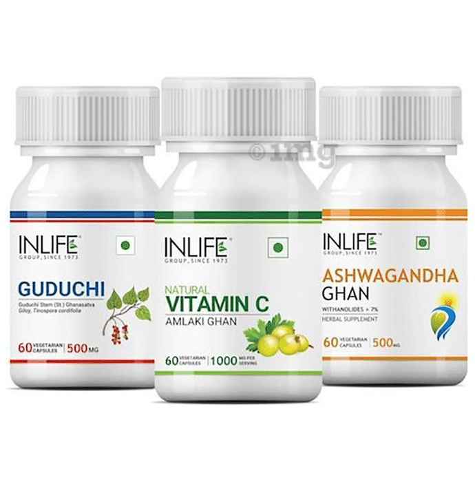 Inlife Combo Pack of Guduchi 500mg, Natural Vitamin C 1000mg & Ashwagandha Ghan 500mg Vegetarian Capsule (60 Each)