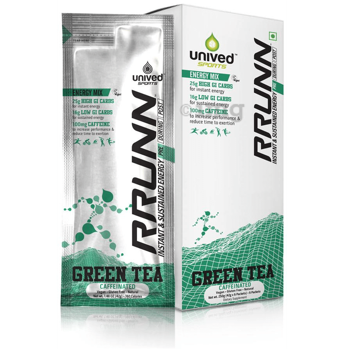 Unived Rrunn Pre Energy Sports Drink Mix Caffeinated 42gm Green Tea Sachet