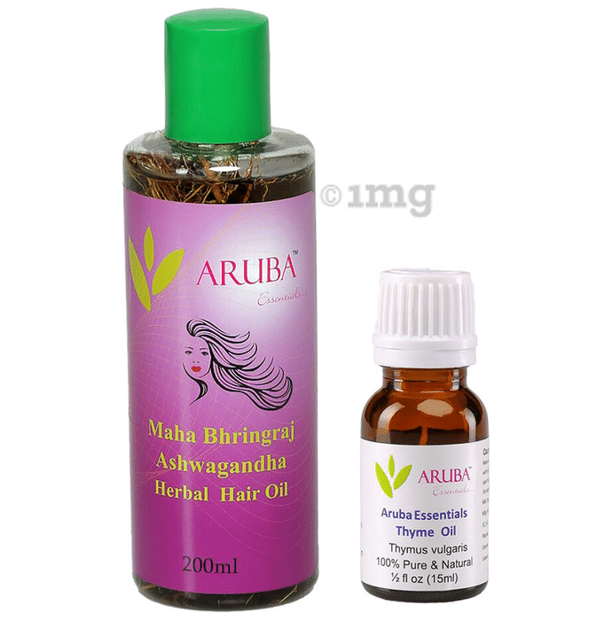 Aruba Essentials Combo Pack of Maha Bhringraj Ashwagandha Herbal Hair (200ml) & Thyme (15ml) Oil
