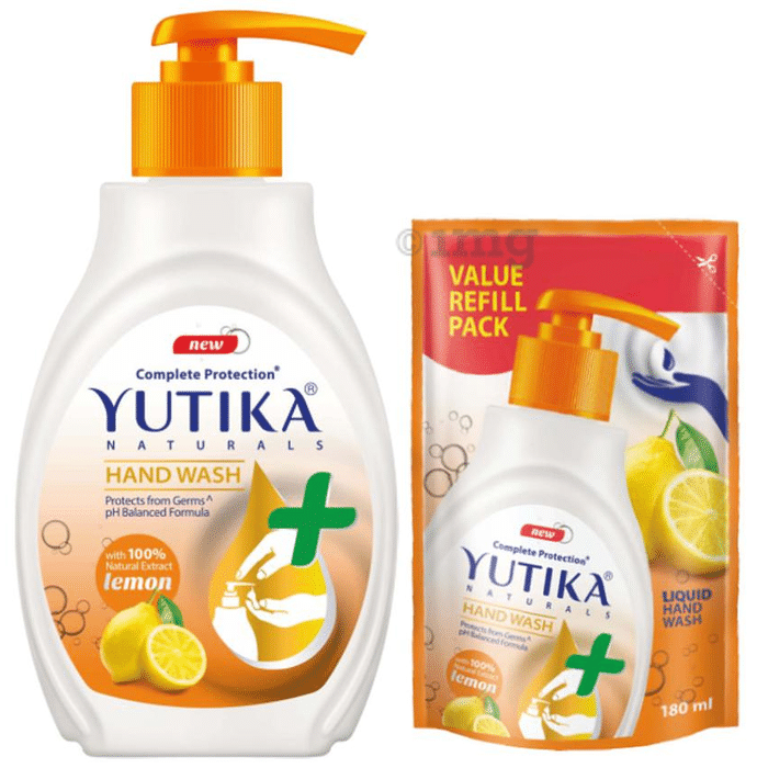 Yutika Naturals Combo Pack of  Hand Wash 200ml & Refill Pack 180ml Lemon
