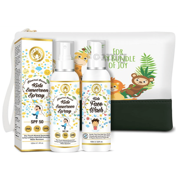 Mom & World Kid's Skin Protect Combo (Sunscreen Spray SPF 50 and Face Wash 120ml Each) with Pouch