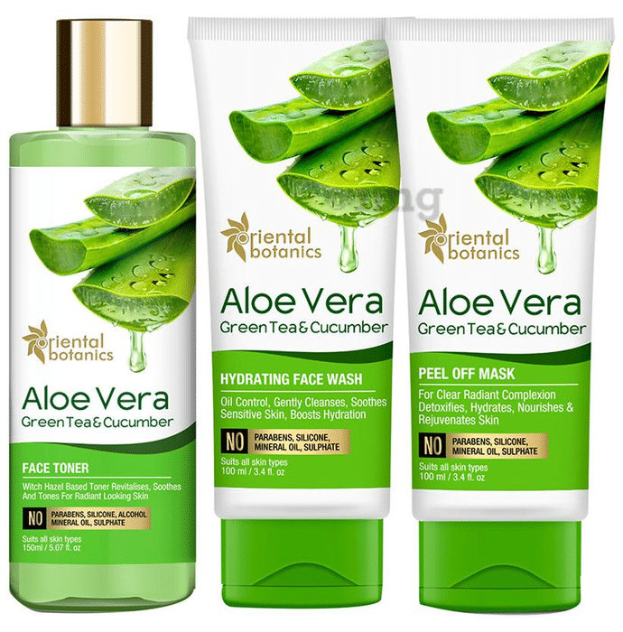 Oriental Botanics Face Glow Combo Aloe Vera, Green Tea & Cucumber Face Toner 150ml, Hydrating Face Wash 100ml and Peel Off Mask 100ml