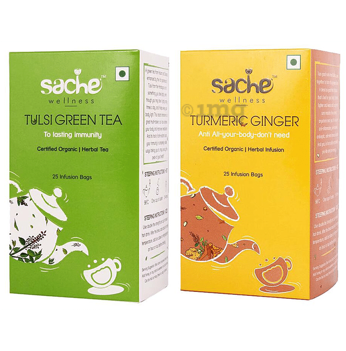 Sache Wellness Combo Pack of Organic Tulsi Green Tea 25 Infusion Bags & Turmeric Ginger 25 Infusion Bags