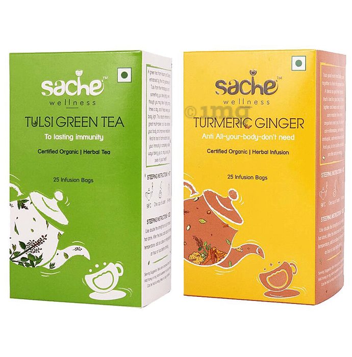 Sache Wellness Combo Pack of Organic Tulsi Green Tea 25 Infusion Bags & Turmeric Ginger 25 Infusion Bags