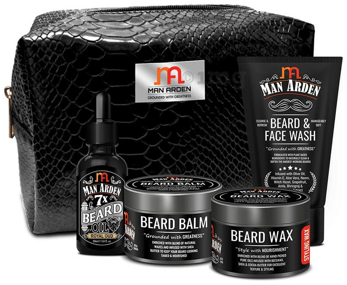 Man Arden The Dapper Dude Combo (Beard Oil Royal Oud 30ml, Beard Wax and Beard Balm 50gm Each and Beard & Face Wash 100ml) with Pouch