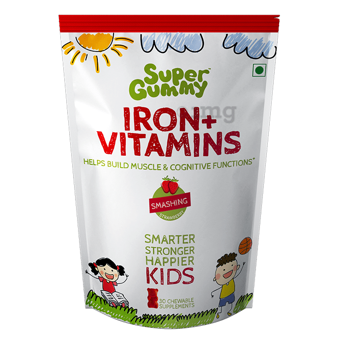 Super Gummy Iron + Vitamins Chewable Suplement | For Kids' Muscle & Cognitive Function | Flavour Smashing Strawberry