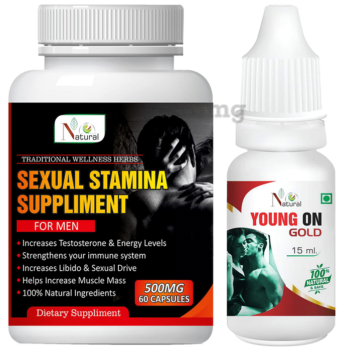 Natural Combo Pack of Sexual Stamina Suppliment 500mg, 60 Capsule & Young On Gold 15ml